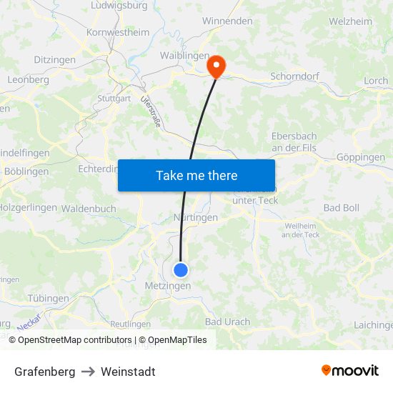 Grafenberg to Weinstadt map