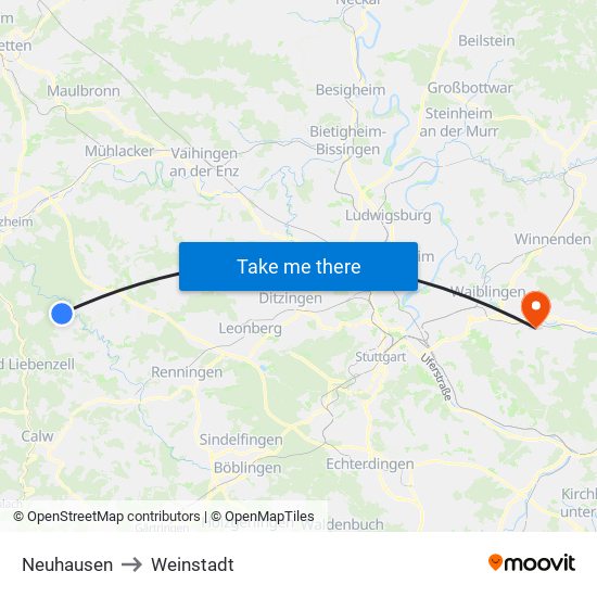 Neuhausen to Weinstadt map