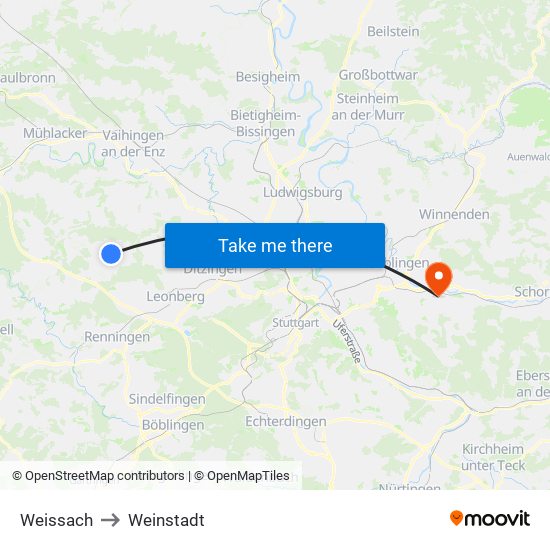 Weissach to Weinstadt map