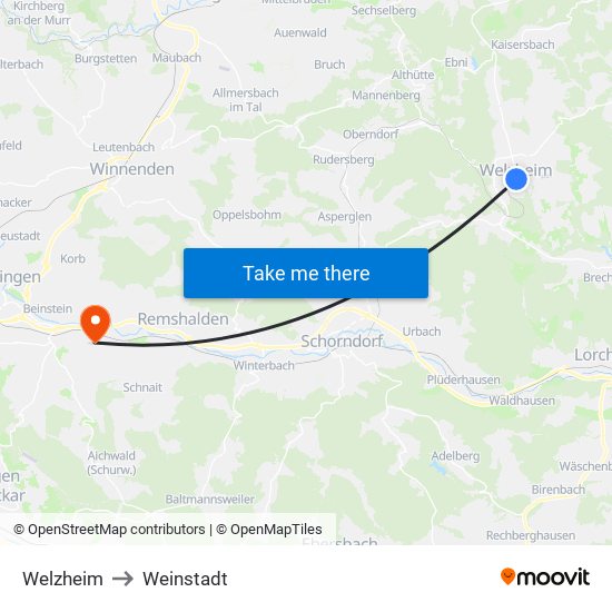 Welzheim to Weinstadt map