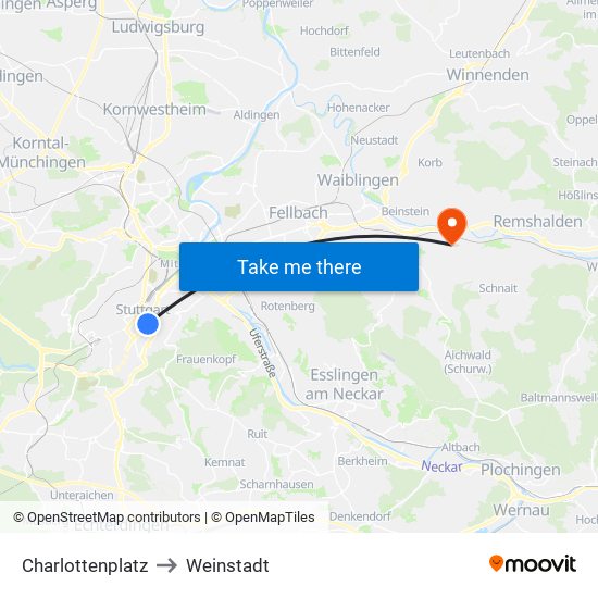 Charlottenplatz to Weinstadt map