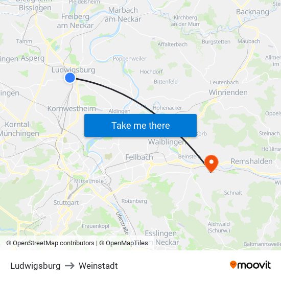 Ludwigsburg to Weinstadt map