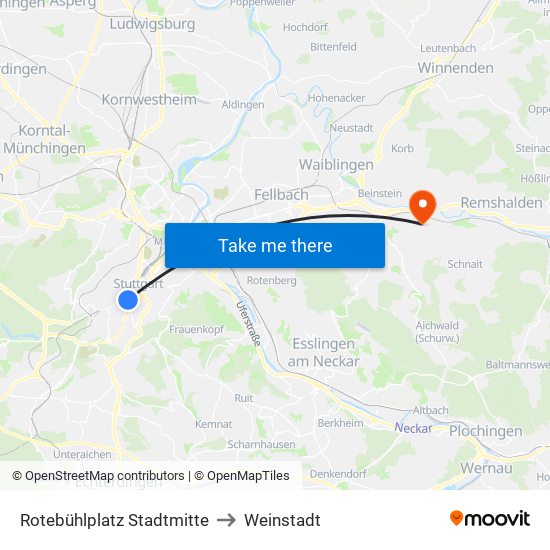 Rotebühlplatz Stadtmitte to Weinstadt map