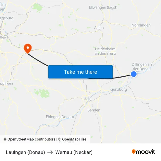 Lauingen (Donau) to Wernau (Neckar) map