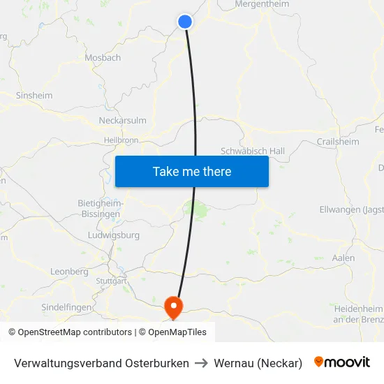 Verwaltungsverband Osterburken to Wernau (Neckar) map