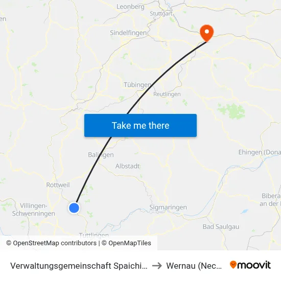 Verwaltungsgemeinschaft Spaichingen to Wernau (Neckar) map