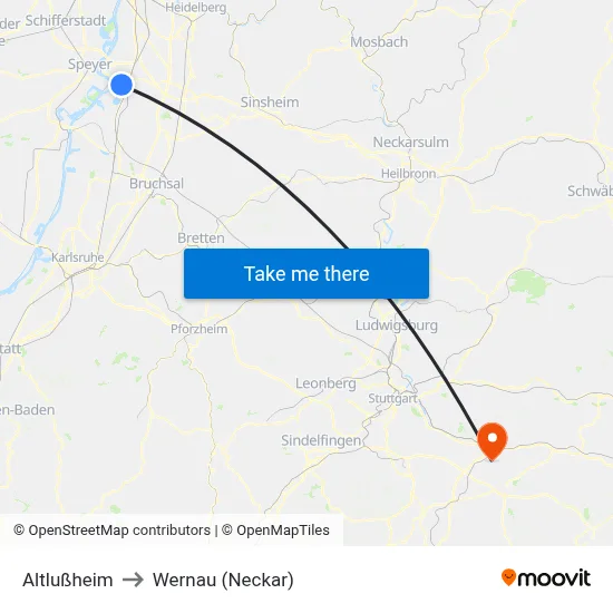 Altlußheim to Wernau (Neckar) map