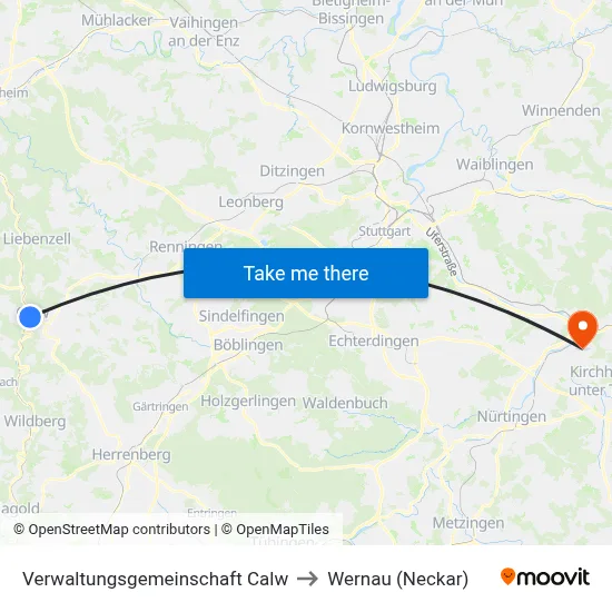 Verwaltungsgemeinschaft Calw to Wernau (Neckar) map
