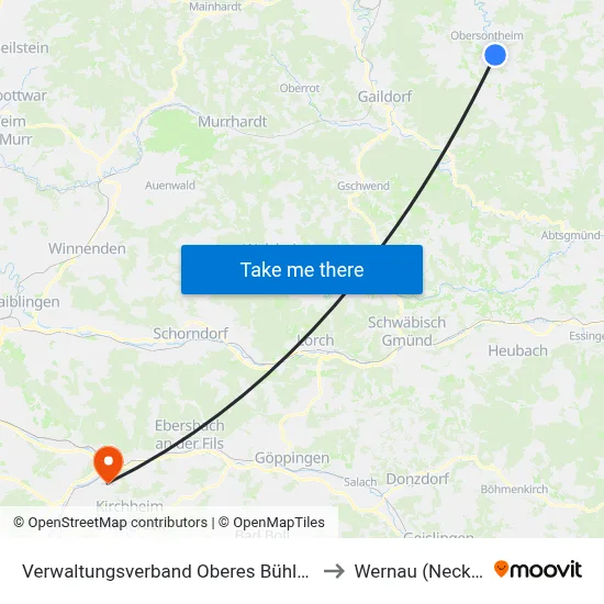 Verwaltungsverband Oberes Bühlertal to Wernau (Neckar) map