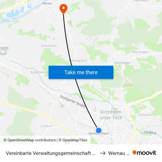 Vereinbarte Verwaltungsgemeinschaft Der Stadt Kirchheim Unter Teck to Wernau (Neckar) map