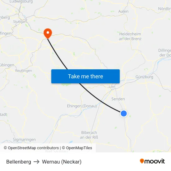 Bellenberg to Wernau (Neckar) map