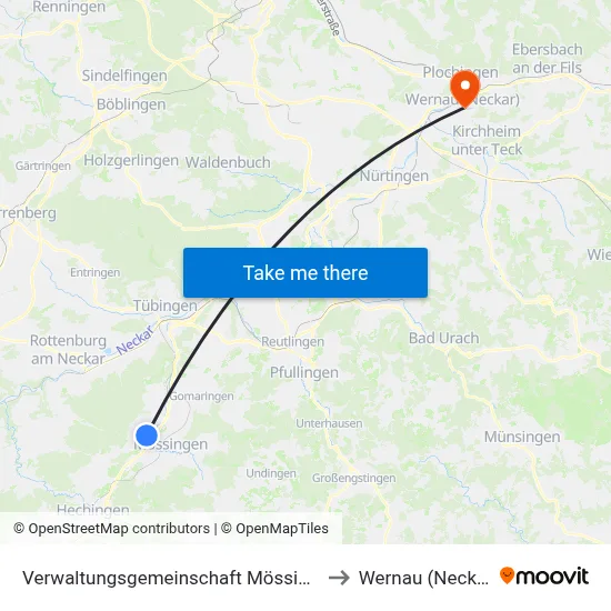 Verwaltungsgemeinschaft Mössingen to Wernau (Neckar) map