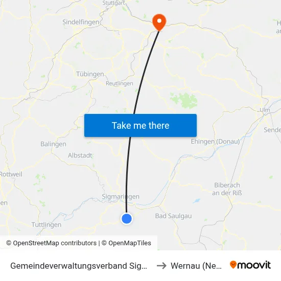 Gemeindeverwaltungsverband Sigmaringen to Wernau (Neckar) map