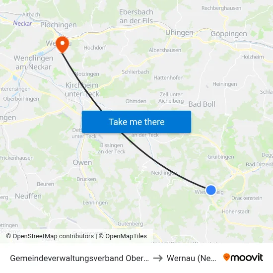 Gemeindeverwaltungsverband Oberes Filstal to Wernau (Neckar) map