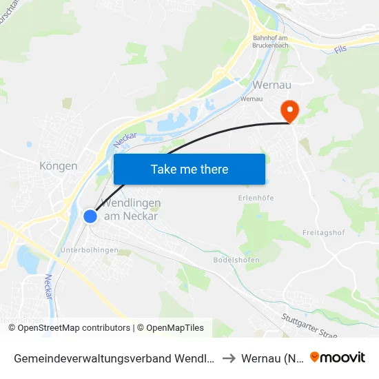 Gemeindeverwaltungsverband Wendlingen am Neckar to Wernau (Neckar) map