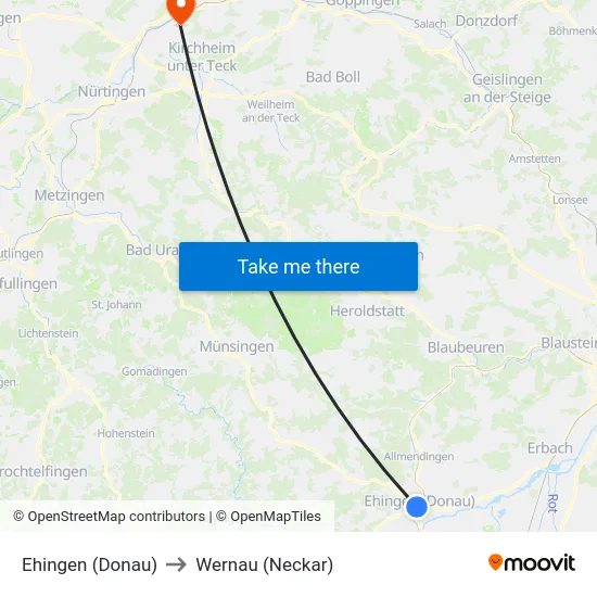 Ehingen (Donau) to Wernau (Neckar) map