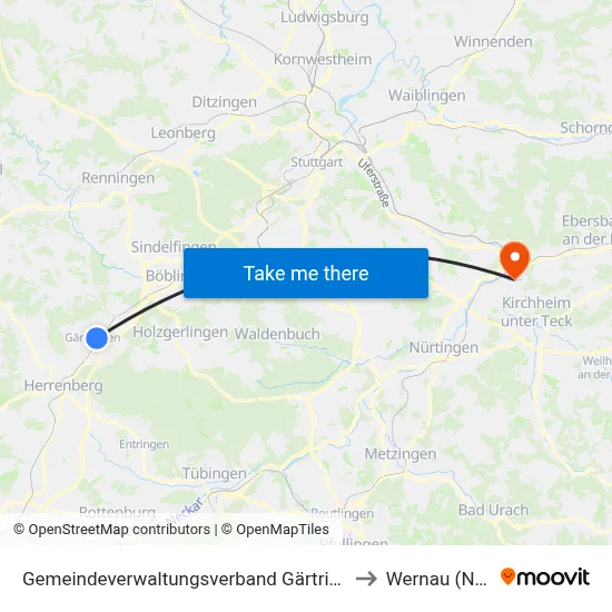 Gemeindeverwaltungsverband Gärtringen/Ehningen to Wernau (Neckar) map