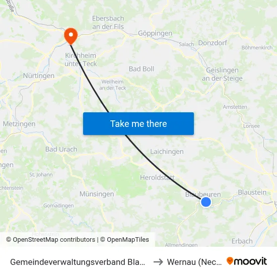 Gemeindeverwaltungsverband Blaubeuren to Wernau (Neckar) map