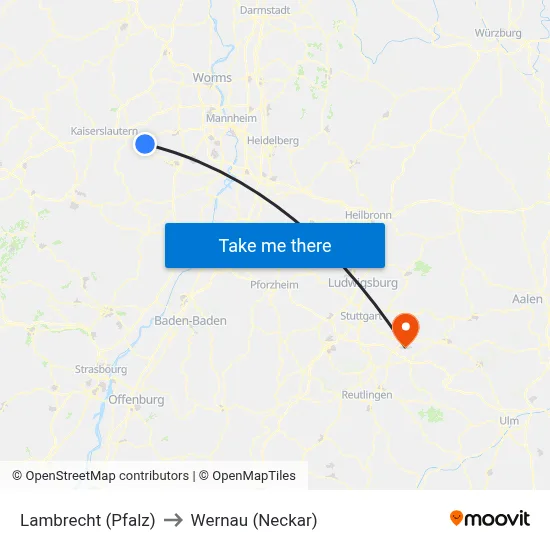Lambrecht (Pfalz) to Wernau (Neckar) map