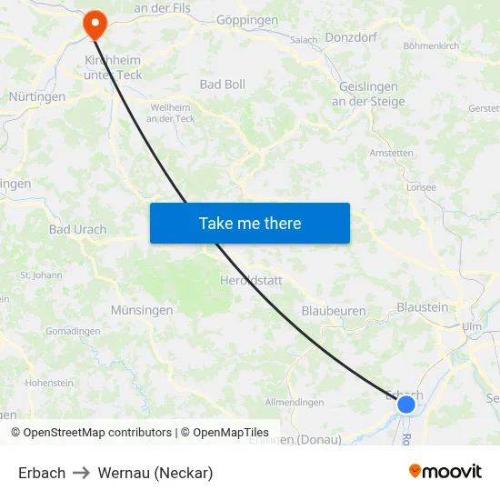 Erbach to Wernau (Neckar) map
