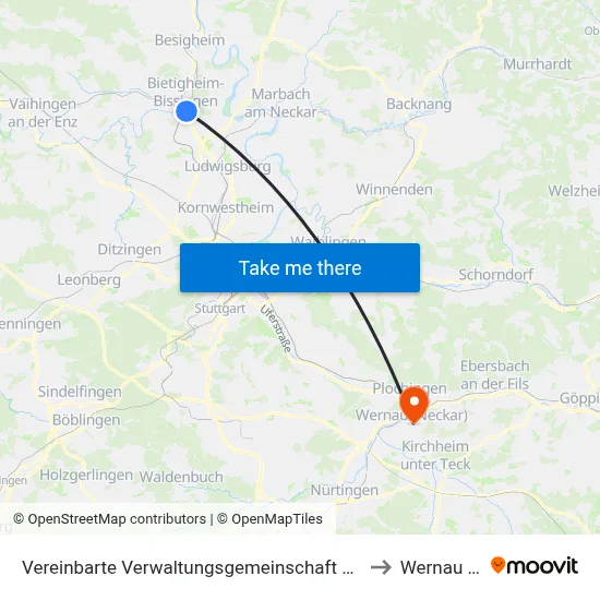 Vereinbarte Verwaltungsgemeinschaft Der Stadt Bietigheim-Bissingen to Wernau (Neckar) map