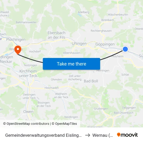 Gemeindeverwaltungsverband Eislingen-Ottenbach-Salach to Wernau (Neckar) map