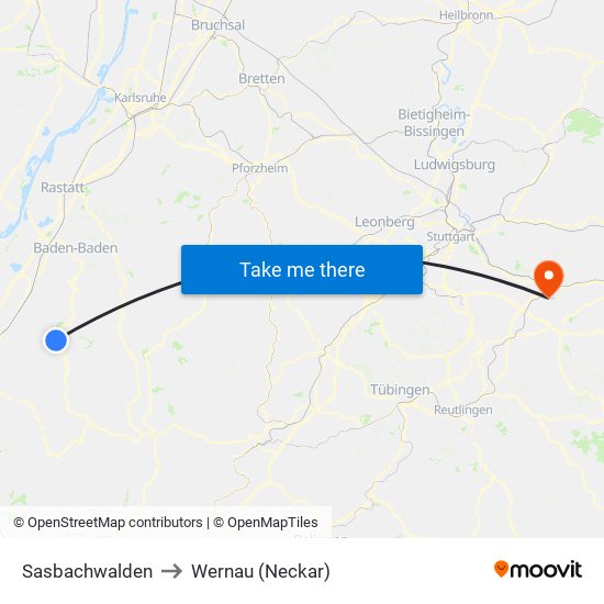 Sasbachwalden to Wernau (Neckar) map