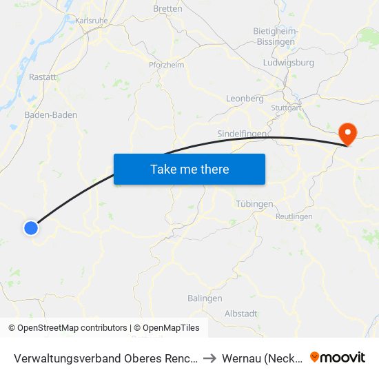 Verwaltungsverband Oberes Renchtal to Wernau (Neckar) map