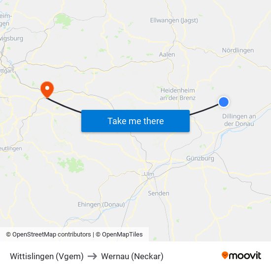 Wittislingen (Vgem) to Wernau (Neckar) map