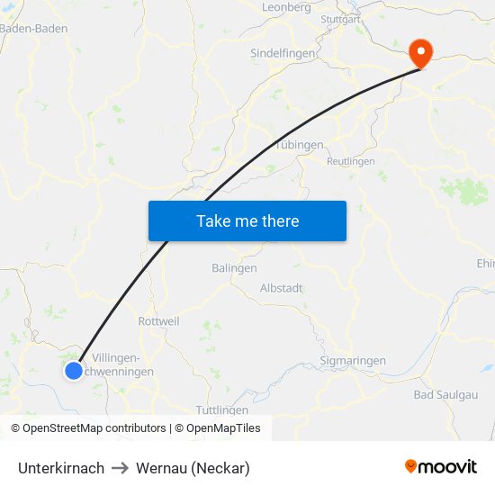 Unterkirnach to Wernau (Neckar) map