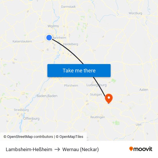 Lambsheim-Heßheim to Wernau (Neckar) map