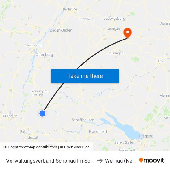 Verwaltungsverband Schönau Im Schwarzwald to Wernau (Neckar) map