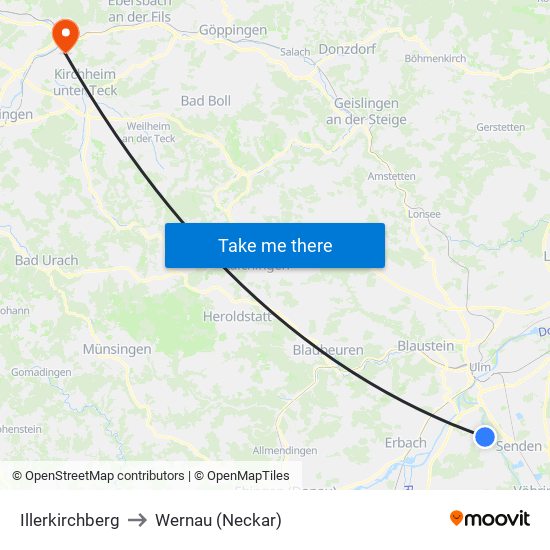 Illerkirchberg to Wernau (Neckar) map