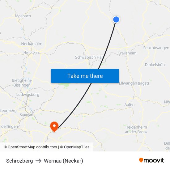 Schrozberg to Wernau (Neckar) map