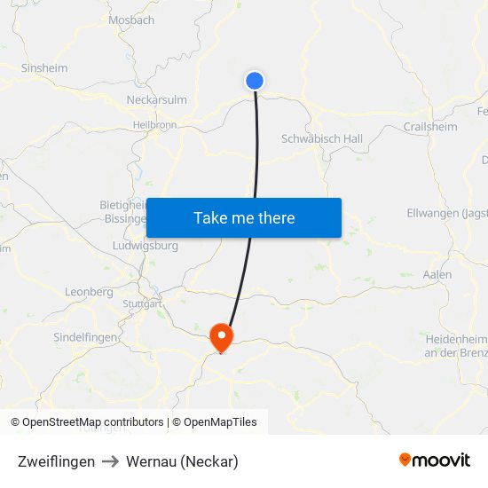 Zweiflingen to Wernau (Neckar) map