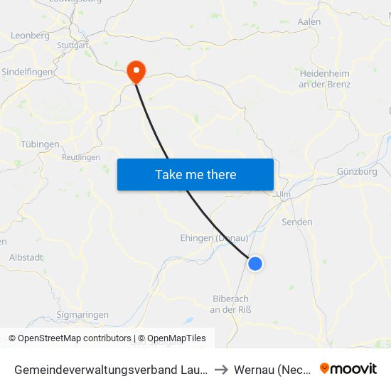 Gemeindeverwaltungsverband Laupheim to Wernau (Neckar) map