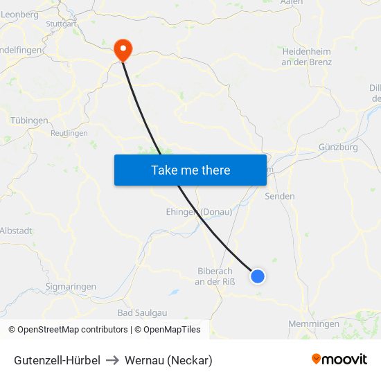 Gutenzell-Hürbel to Wernau (Neckar) map