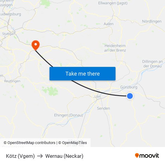 Kötz (Vgem) to Wernau (Neckar) map