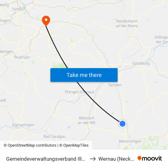 Gemeindeverwaltungsverband Illertal to Wernau (Neckar) map