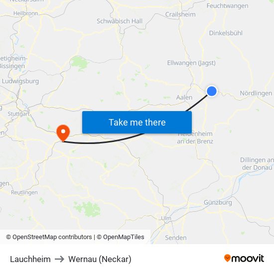 Lauchheim to Wernau (Neckar) map