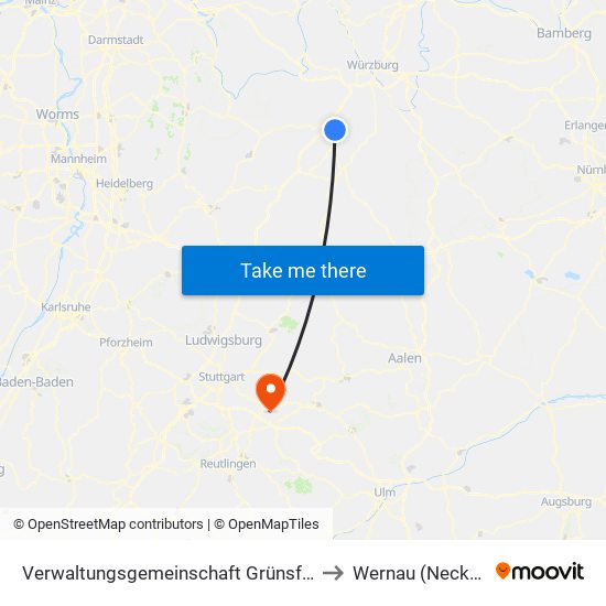 Verwaltungsgemeinschaft Grünsfeld to Wernau (Neckar) map