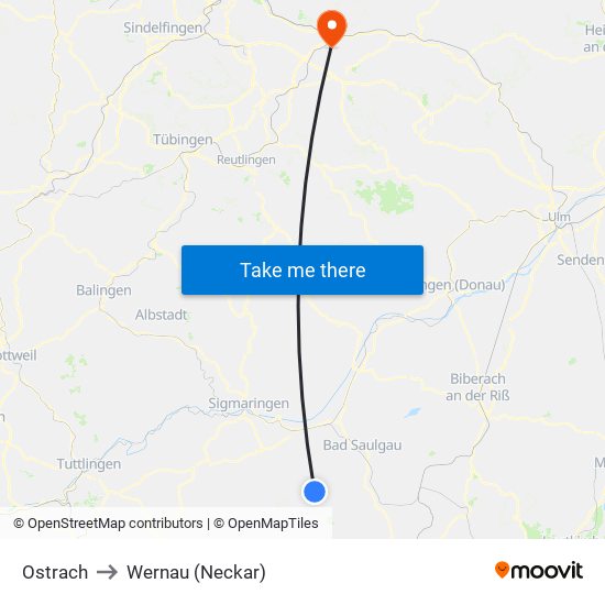 Ostrach to Wernau (Neckar) map