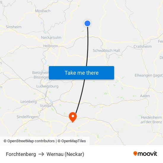 Forchtenberg to Wernau (Neckar) map