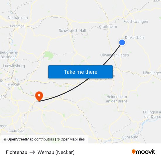 Fichtenau to Wernau (Neckar) map