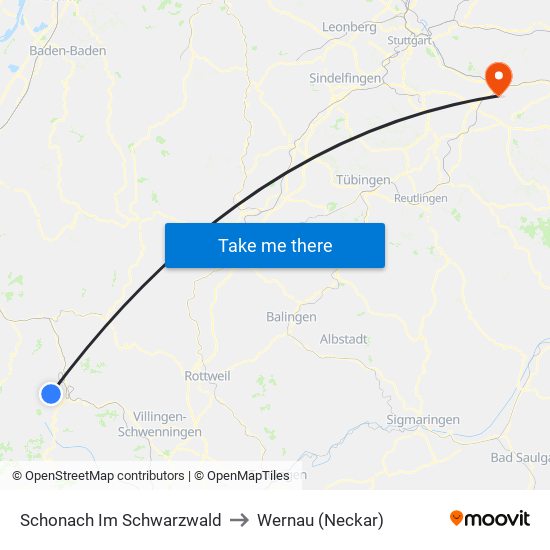 Schonach Im Schwarzwald to Wernau (Neckar) map
