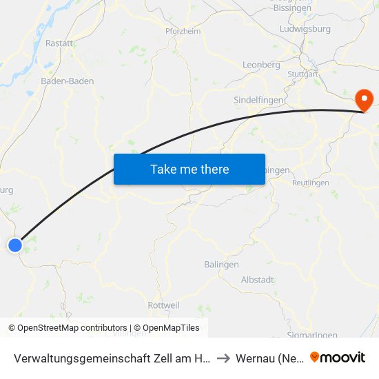 Verwaltungsgemeinschaft Zell am Harmersbach to Wernau (Neckar) map