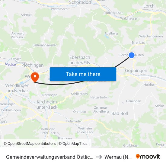 Gemeindeverwaltungsverband Östlicher Schurwald to Wernau (Neckar) map