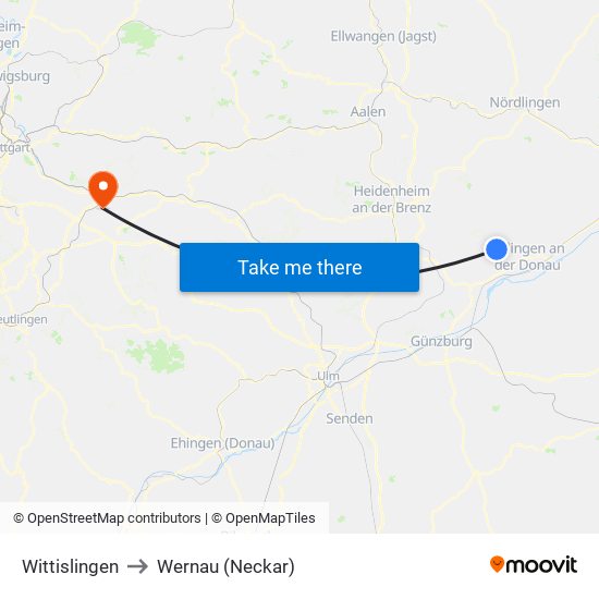 Wittislingen to Wernau (Neckar) map