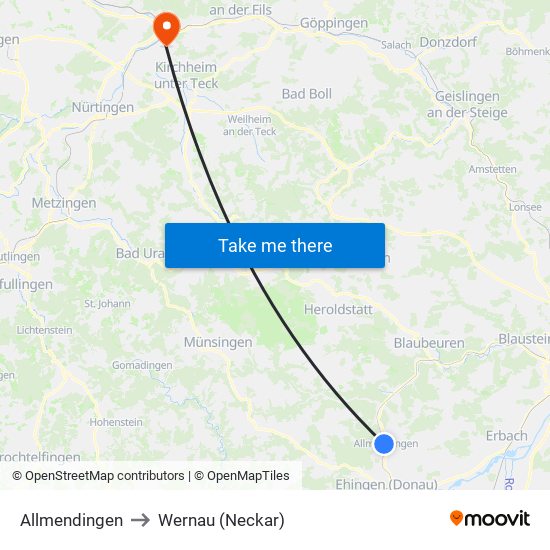 Allmendingen to Wernau (Neckar) map