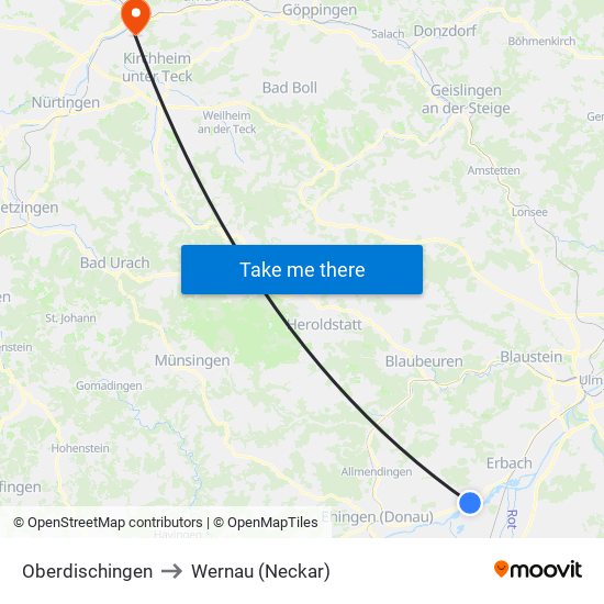 Oberdischingen to Wernau (Neckar) map